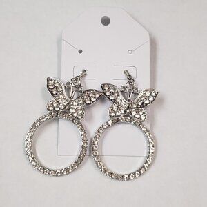 Silver clear rhinestone butterfly hoop pierced fashion earrings, NWOT